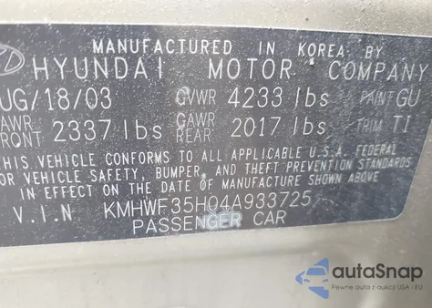 2004 Hyundai Sonata Gls/Lx z USA, uszkodzony, nr VIN KMHWF35H04A933725